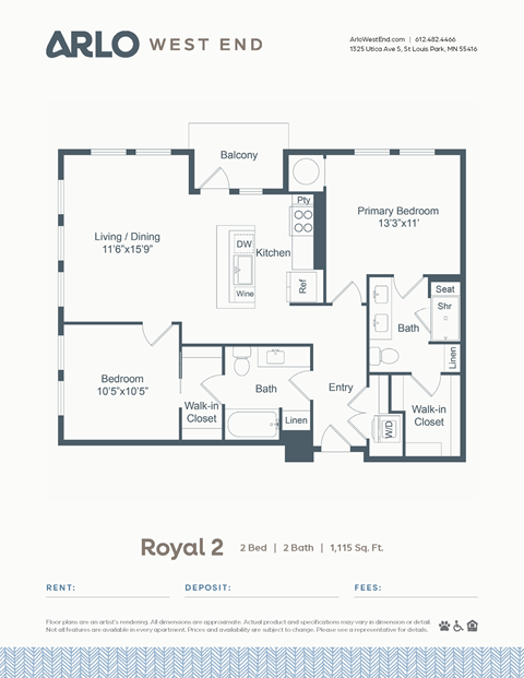 Floor plan for 2 beds, 2 baths, 1115 sqft